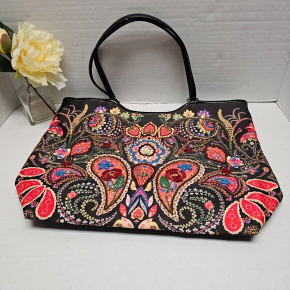 Womens Isabella Fiore Floral Flower Paisley Embroidered Beaded Tote Shoulder BAG - Picture 8 of 16